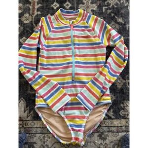 Crewcuts Girls Rainbow Rash Guard UPF 50+ Striped Long Sleeve Swimsuit Size 10